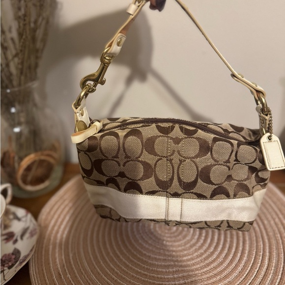 Coach Mini Handbag - Optic C Tan brown Stripe Leather Strap 90s Y2K - Picture 1 of 16